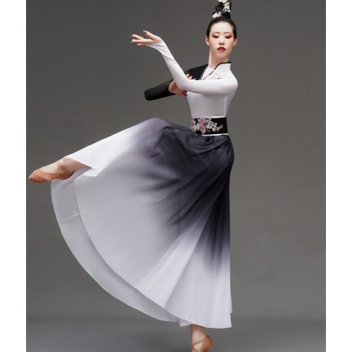 Women girls  Black with white gradient chinese folk dance dresses traditional classical fairy princess caiwei dance costumes for female